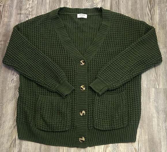Zenana Sweaters - Waffle Knit Button-Down Cardigan, Deep Green, Size 2X